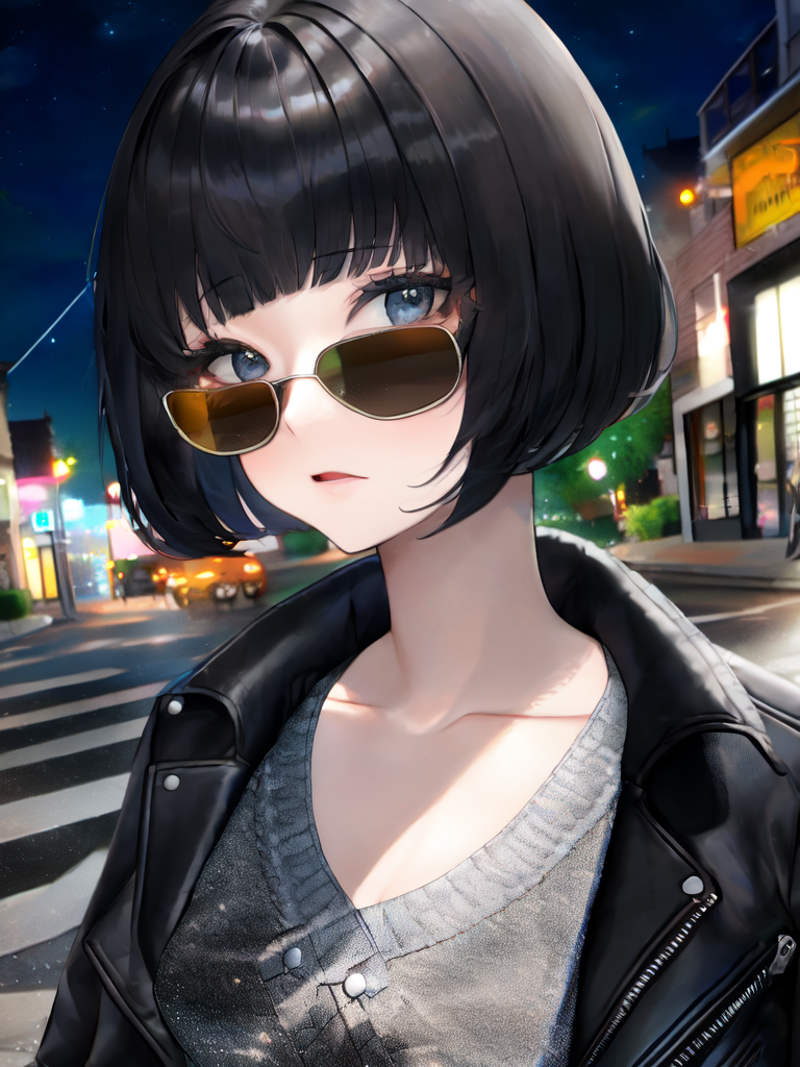 1girl, black hair, bob cut, sunglasses, night, leather jacket,
